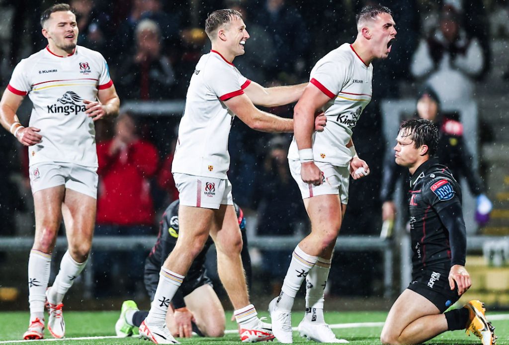 Ulster players celebrating a try over the Lions