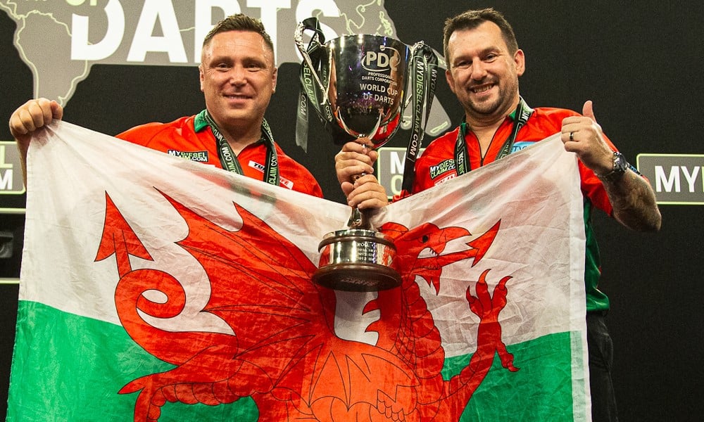 Gerwyn Price and Johnny Clayton celebrate their World Cup of Darts win in 2023