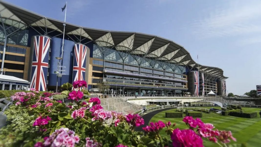 A photo of the Royal Ascot grandstand and flowers