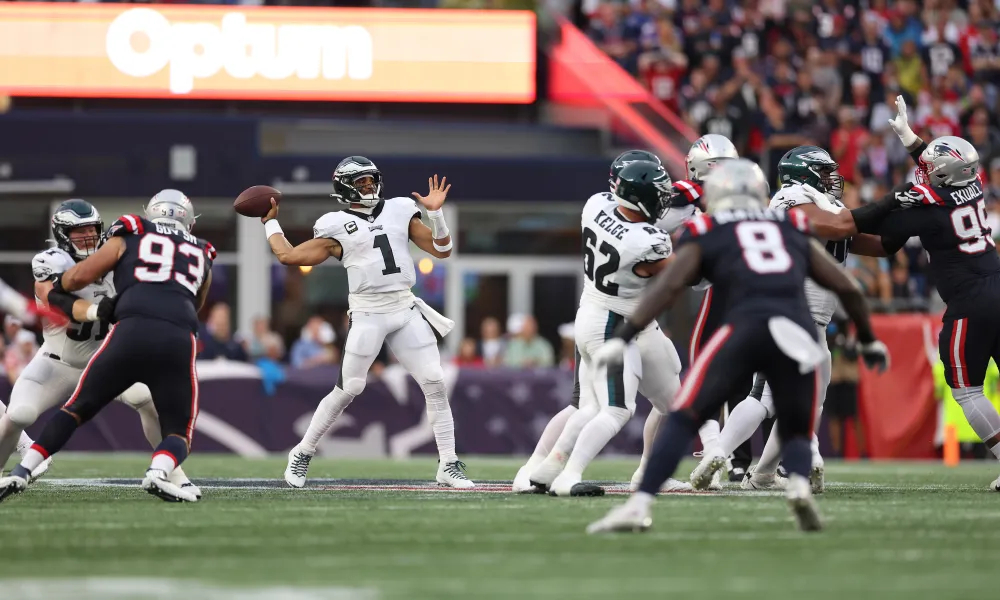 Jalen Hurts lines up a pass for the Philadelphia Eagles.