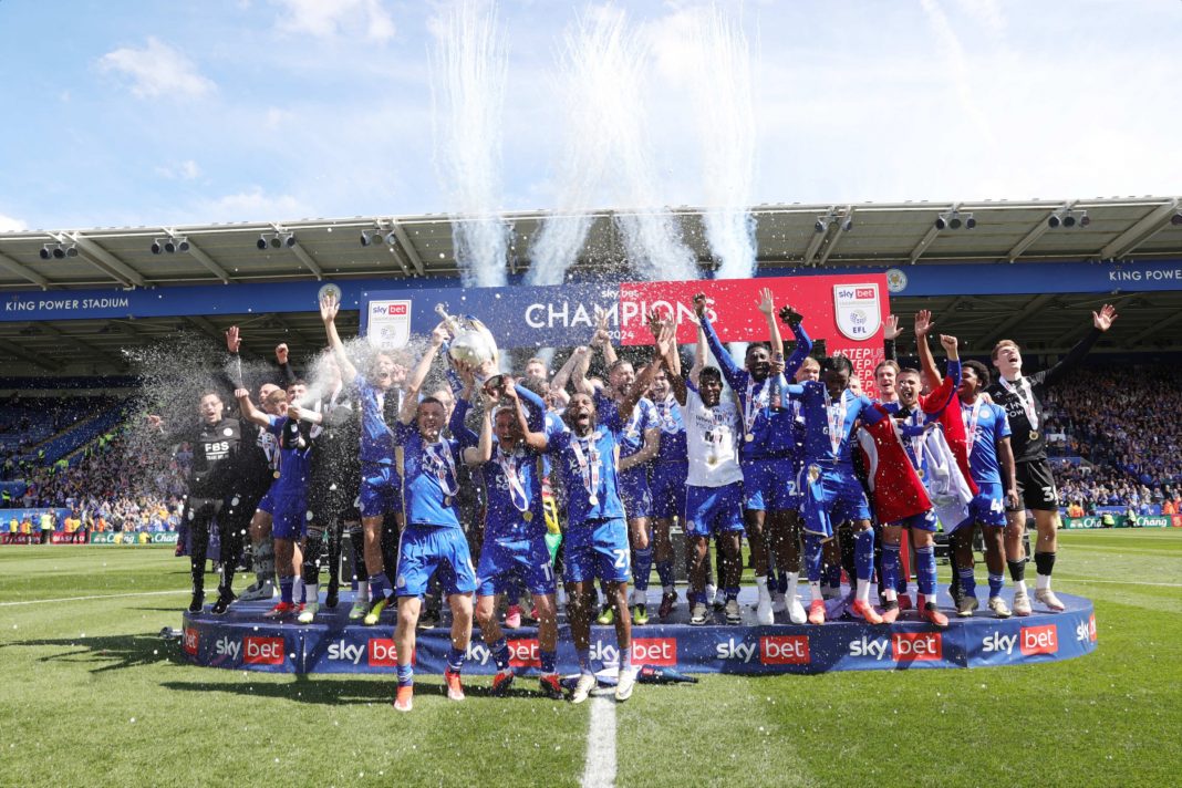 Leicester celebrating their promotion to the Premier League