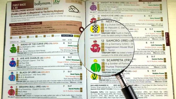 A horse racing form card from a racetrack.