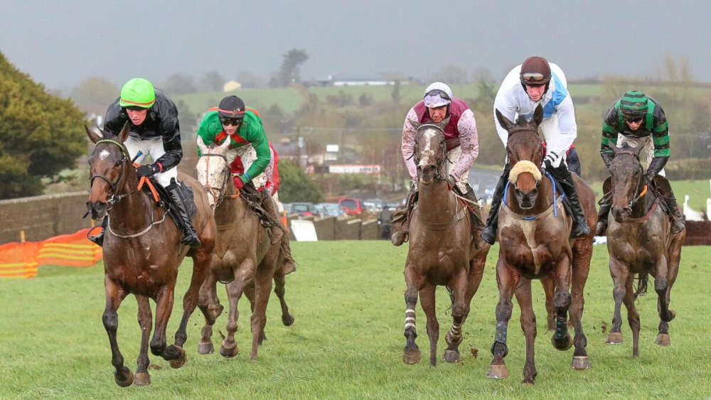 Horses racing on a track.