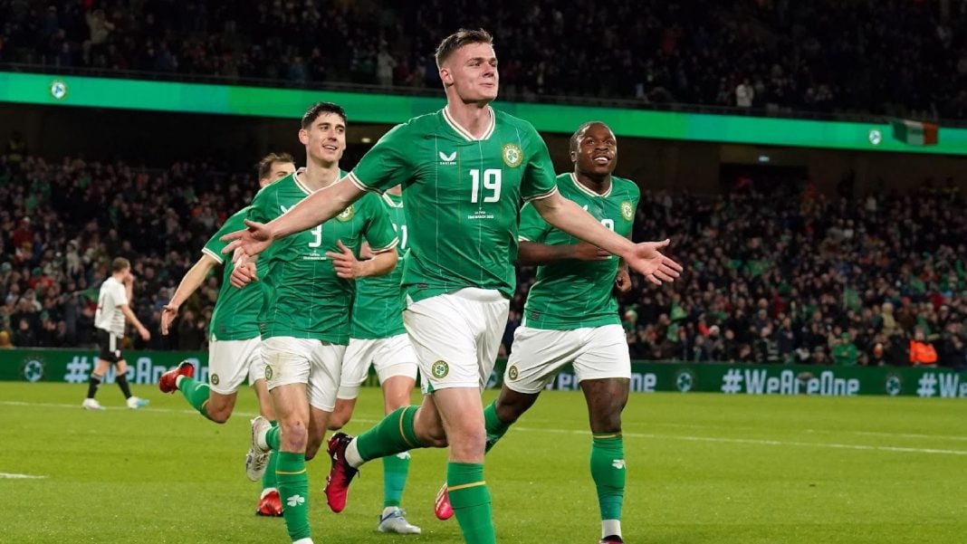 The Ireland soccer team celebrating a goal