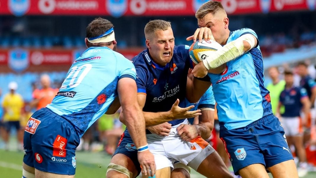 Vodacom Bulls players tackling an Edinburgh player